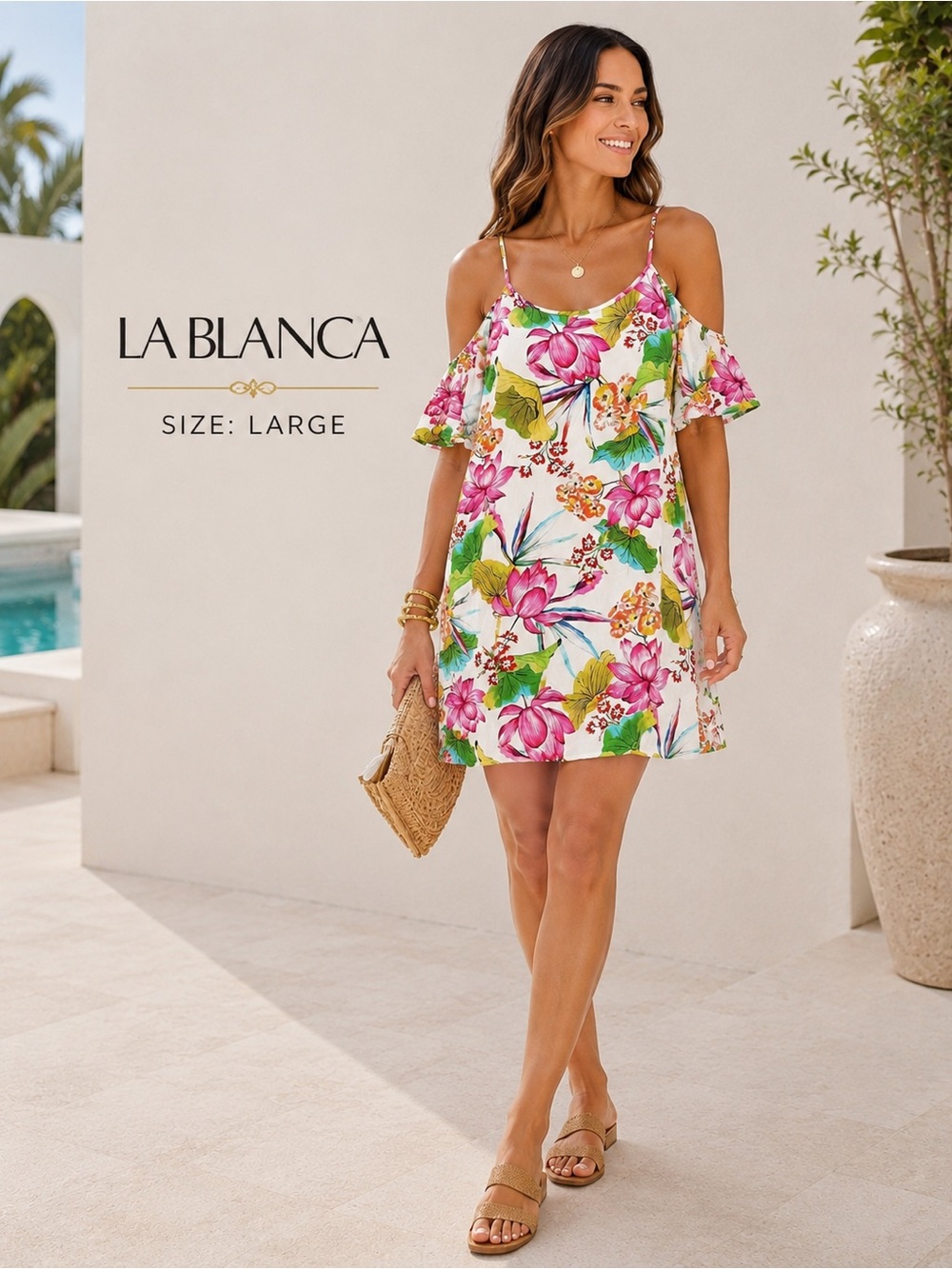 La Blanca Bora Bora Cover Up Dress Large Cold Shoulder Tropical 100% Viscose